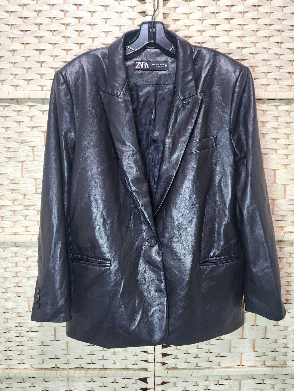 ZARA Faux Leather Jacket Black Blazer Pockets Women’s Size L Fully Lined